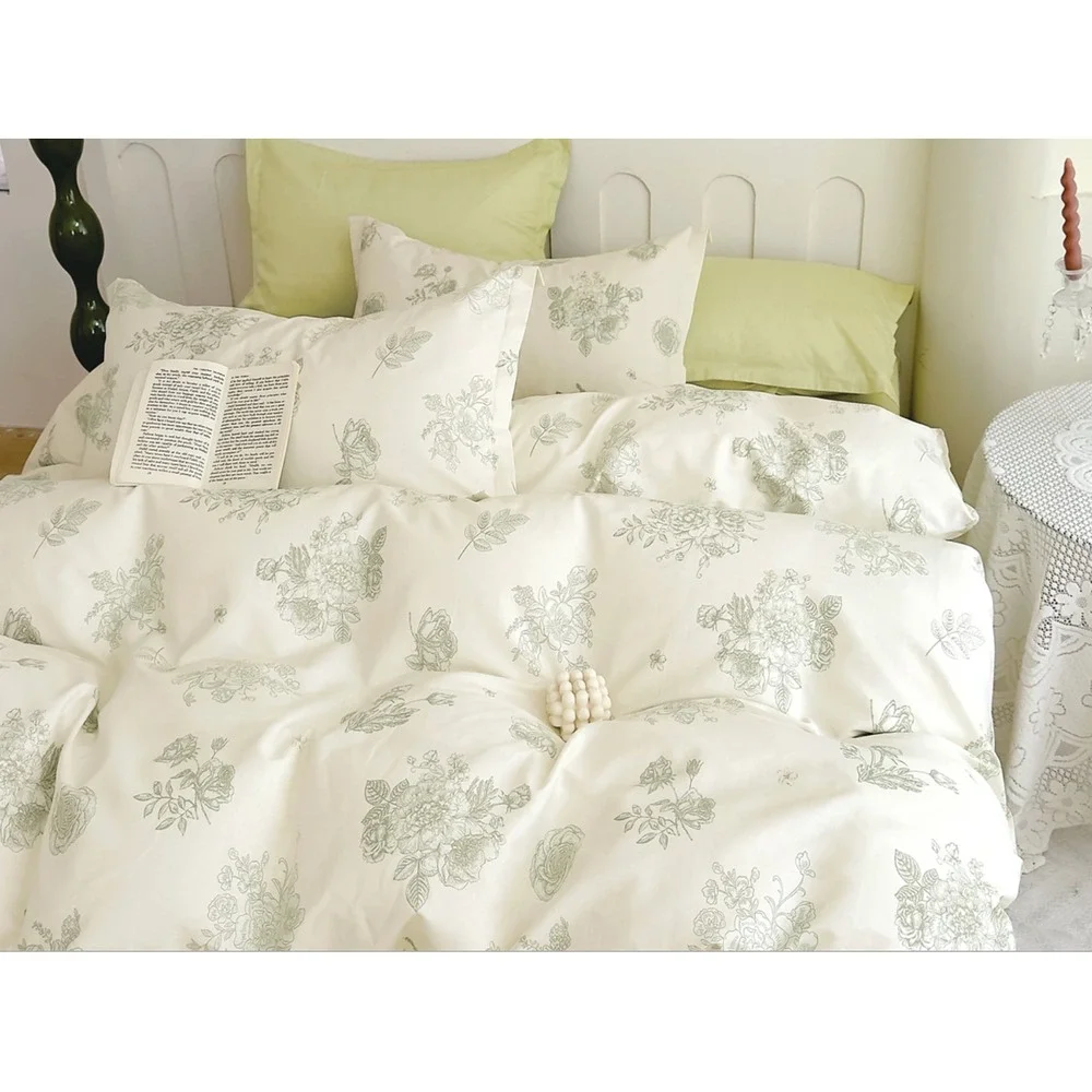 Janet Green/White Floral 100% Cotton Comforter Set Queen Shabby Chic French‎